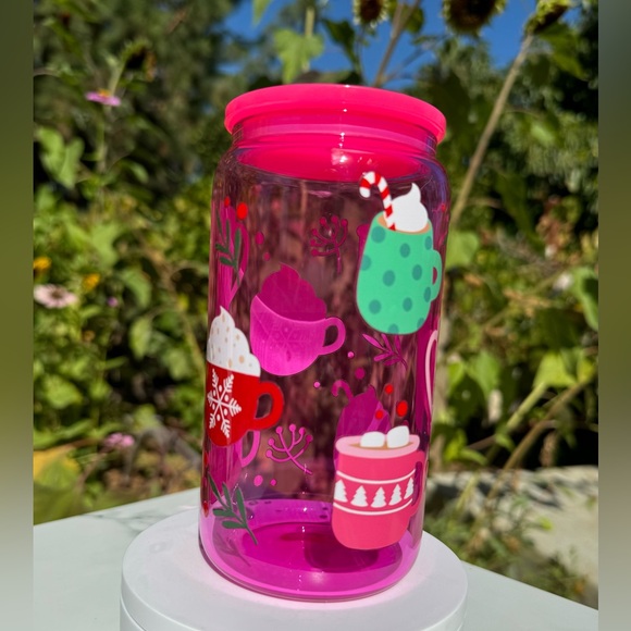 Christmas coffee and hot cocoa libbey can glass pink 16oz - Picture 5 of 5